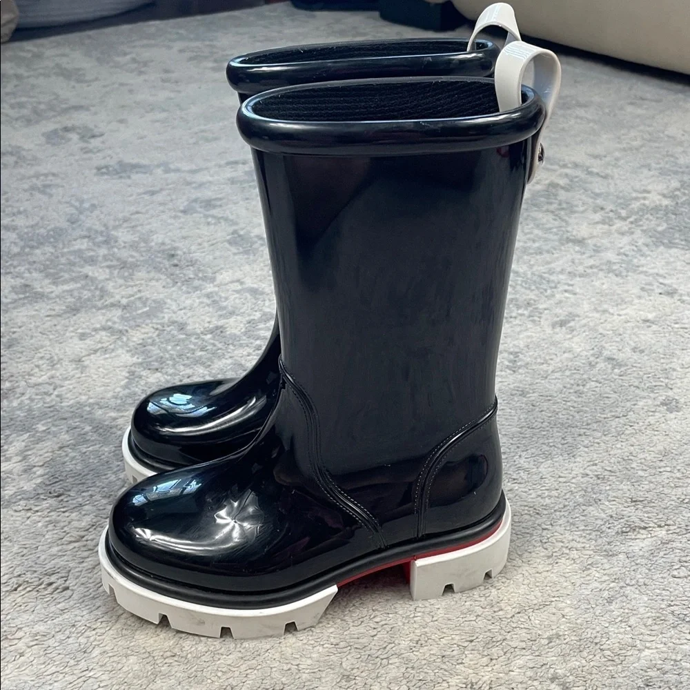 New Christian Louboutin Kids Toy Pluie Black Glossy Rubber Rain Boots Sz 28